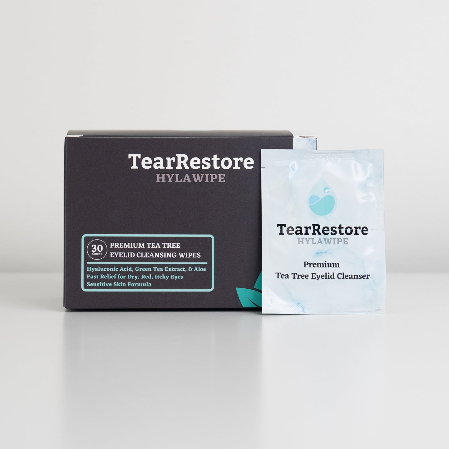 TearRestore eyelid cleansing wipes packaging on a white background