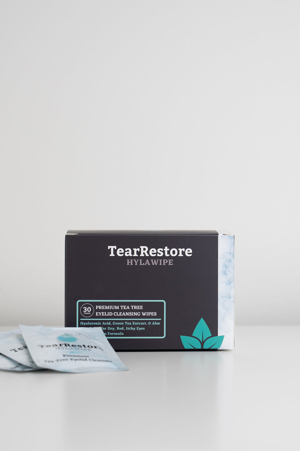 Box of TearRestore HylaWipe eye wipes for blepharitis relief, on a white background
