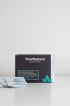 Box of TearRestore HylaWipe eye wipes for blepharitis relief, on a white background