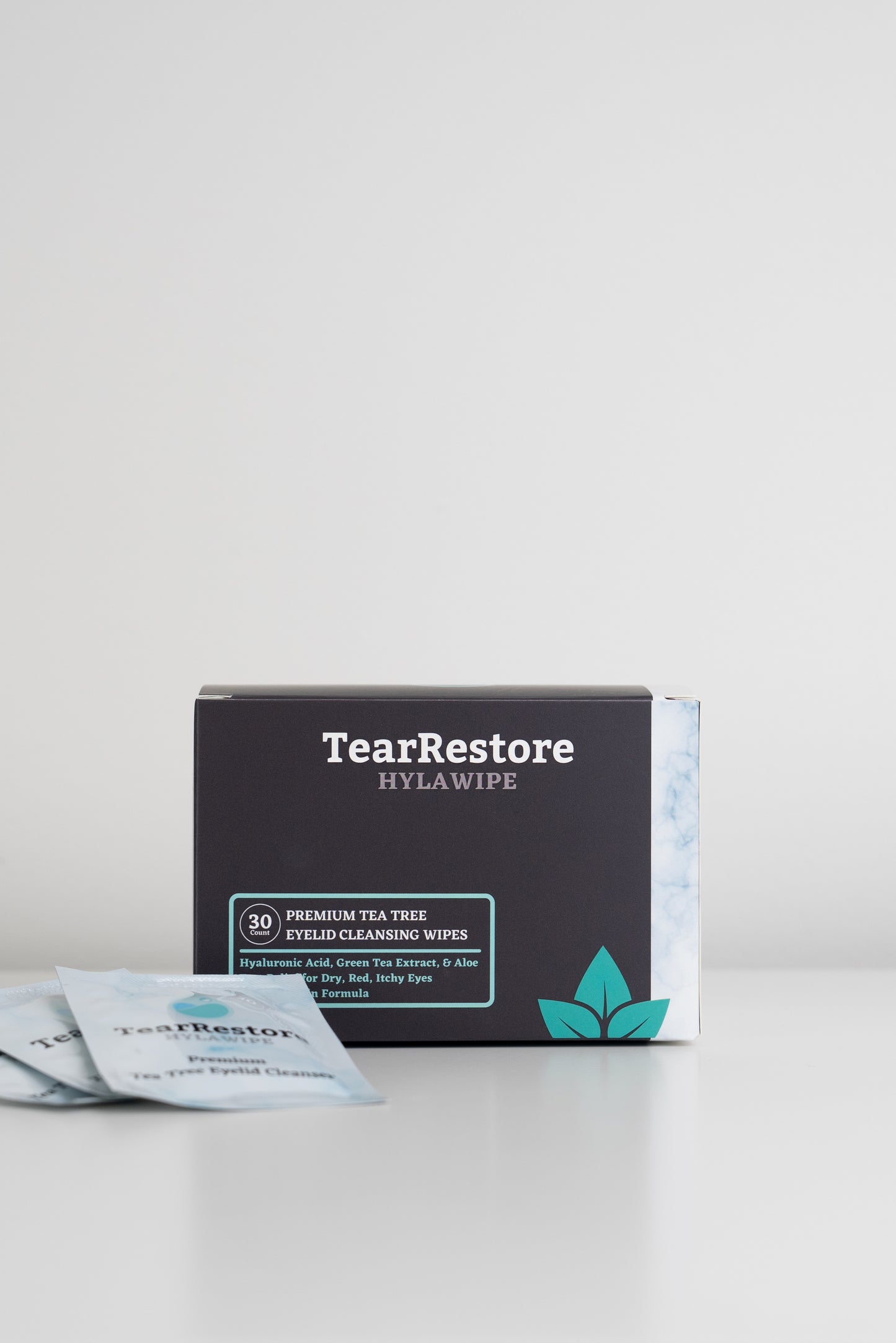 Box of TearRestore HylaWipe eye wipes on a white background