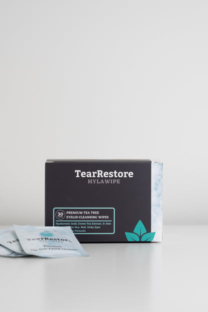 Box of TearRestore HylaWipe eye wipes on a white background