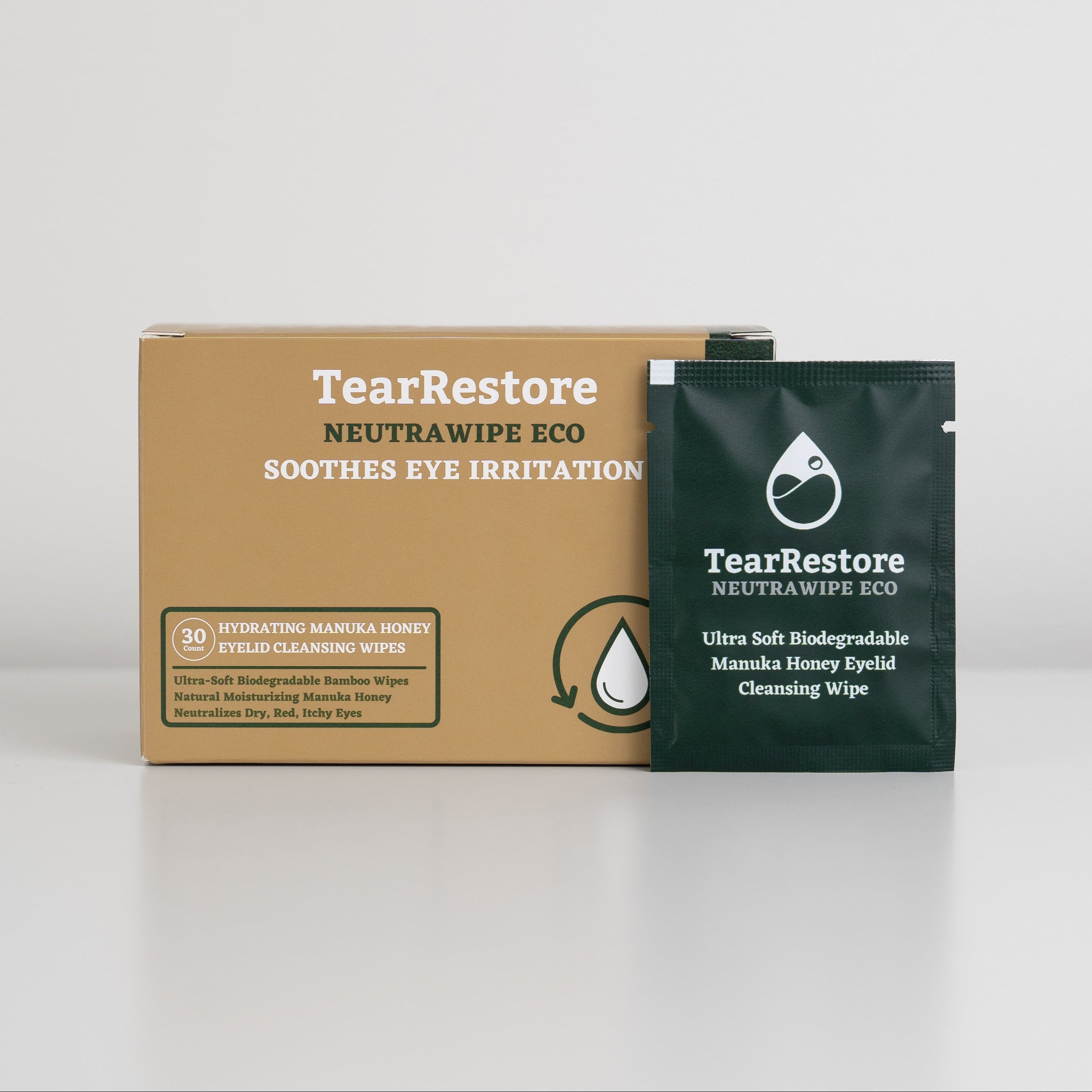 TearRestore Neutrawipe Eco Eyelid Wipes product packaging on a white background