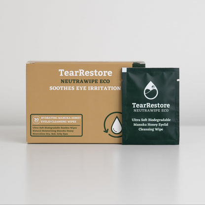 TearRestore Neutrawipe Eco Eyelid Wipes product packaging on a white background