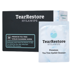 TearRestore HylaWipe Tea Tree Eyelid Wipe packaging and wipe for blepharitis relief