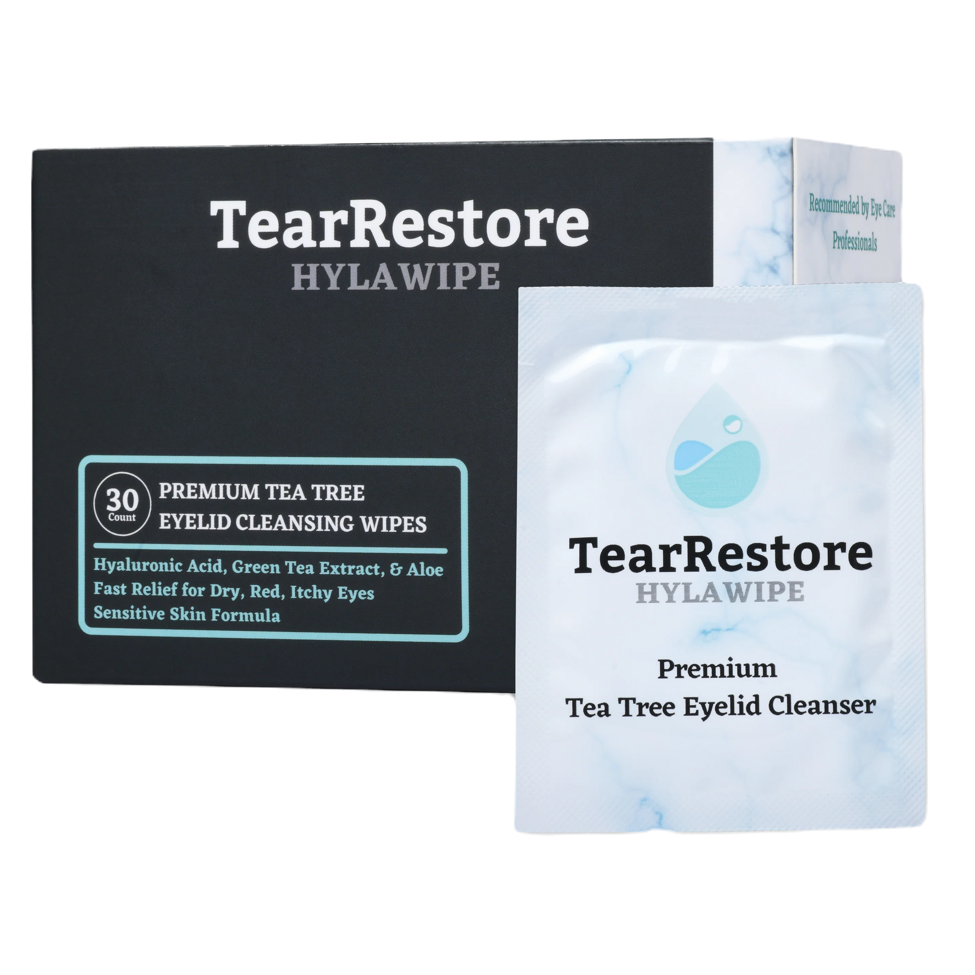 TearRestore HylaWipe Tea Tree Eyelid Wipe packaging and wipe