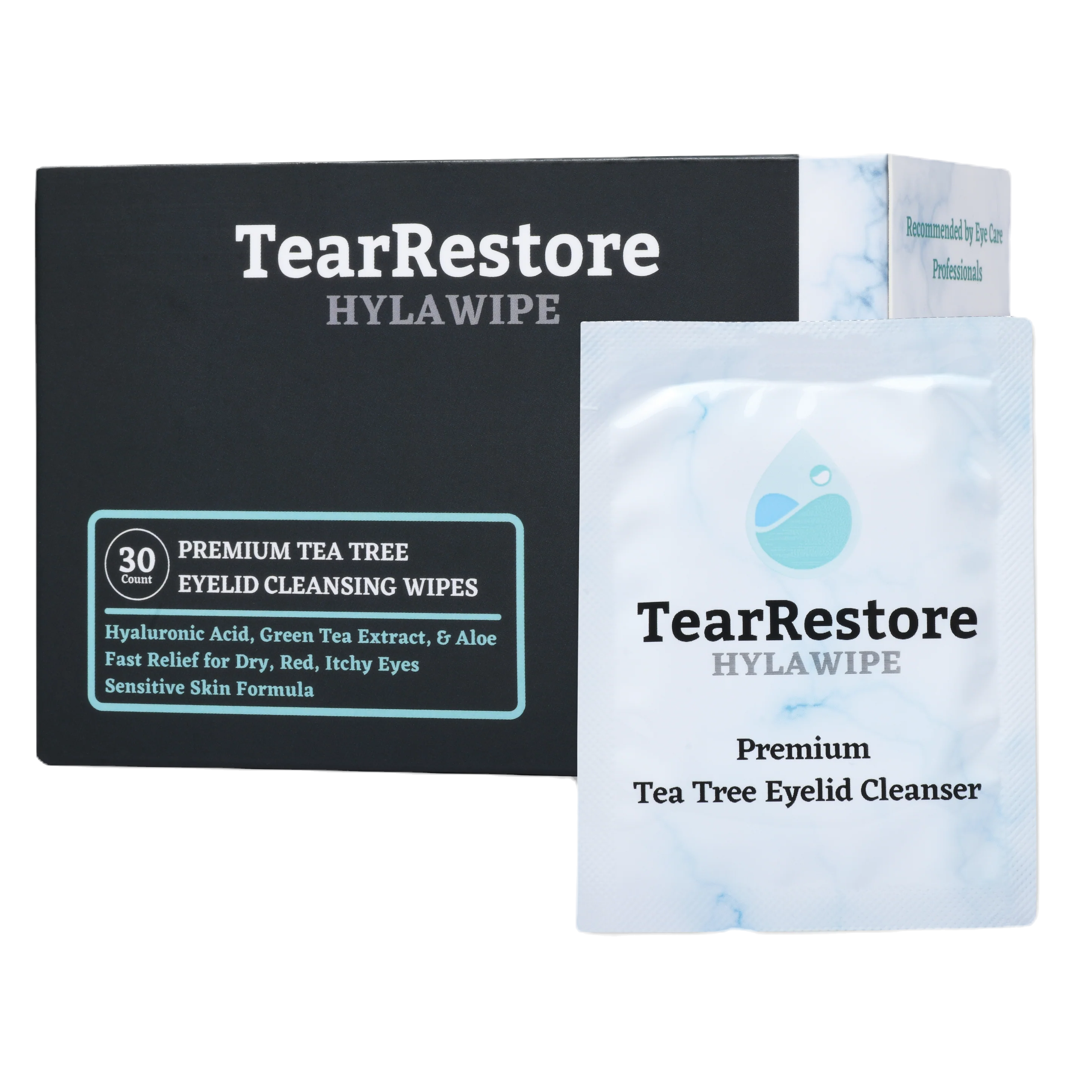 TearRestore HylaWipe Tea Tree Eyelid Wipe packaging and wipe