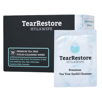TearRestore HylaWipe Tea Tree Eyelid Wipe packaging and wipe