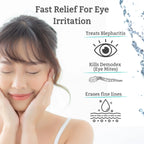 Woman with closed eyes and hands on face, text about eye irritation relief and product benefits.