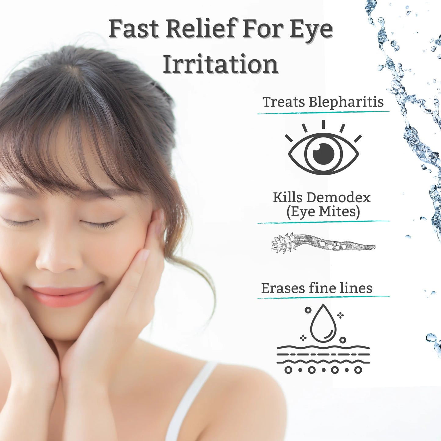 Woman with closed eyes and hands on face, text about eye irritation relief and product benefits.