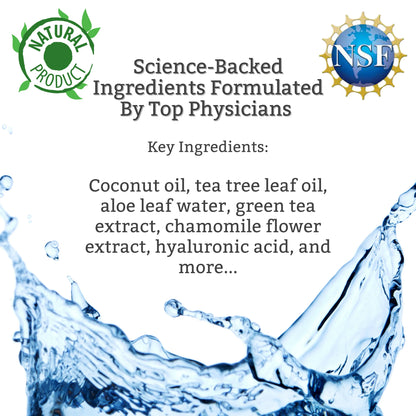 Product label with water splash, natural product logo, NSF logo, and list of key ingredients.