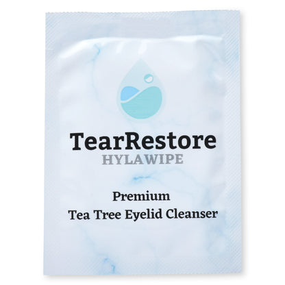 TearRestore Hylawipe eyelid cleanser packet on a white background