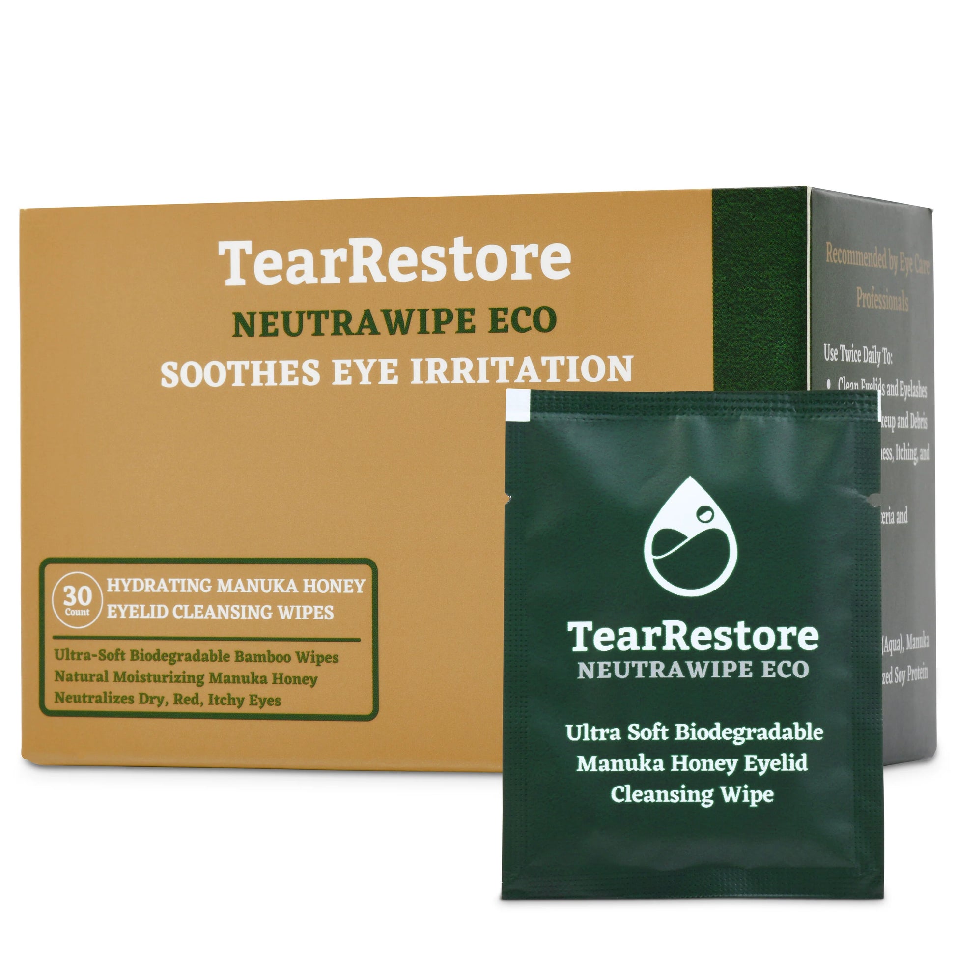 TearRestore NeutraWipe Eco Manuka Honey Eyelid Wipes packaging on a white background