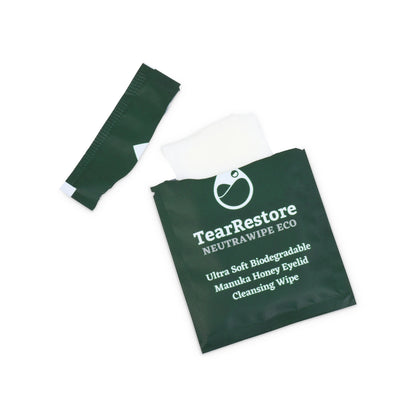 TearRestore eyelid cleaning wipe packaging on a white background