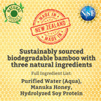 Product label for TearRestore NeutraWipe with 'Made in New Zealand' stamp, natural product logo, and NSF logo on a honeycomb background.