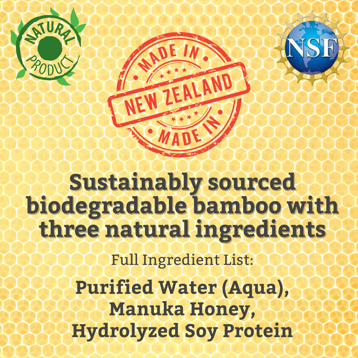 Product label for TearRestore NeutraWipe with 'Made in New Zealand' stamp, natural product logo, and NSF logo on a honeycomb background.