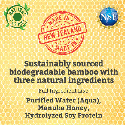 Product label for TearRestore NeutraWipe with 'Made in New Zealand' stamp, natural product logo, and NSF logo on a honeycomb background.