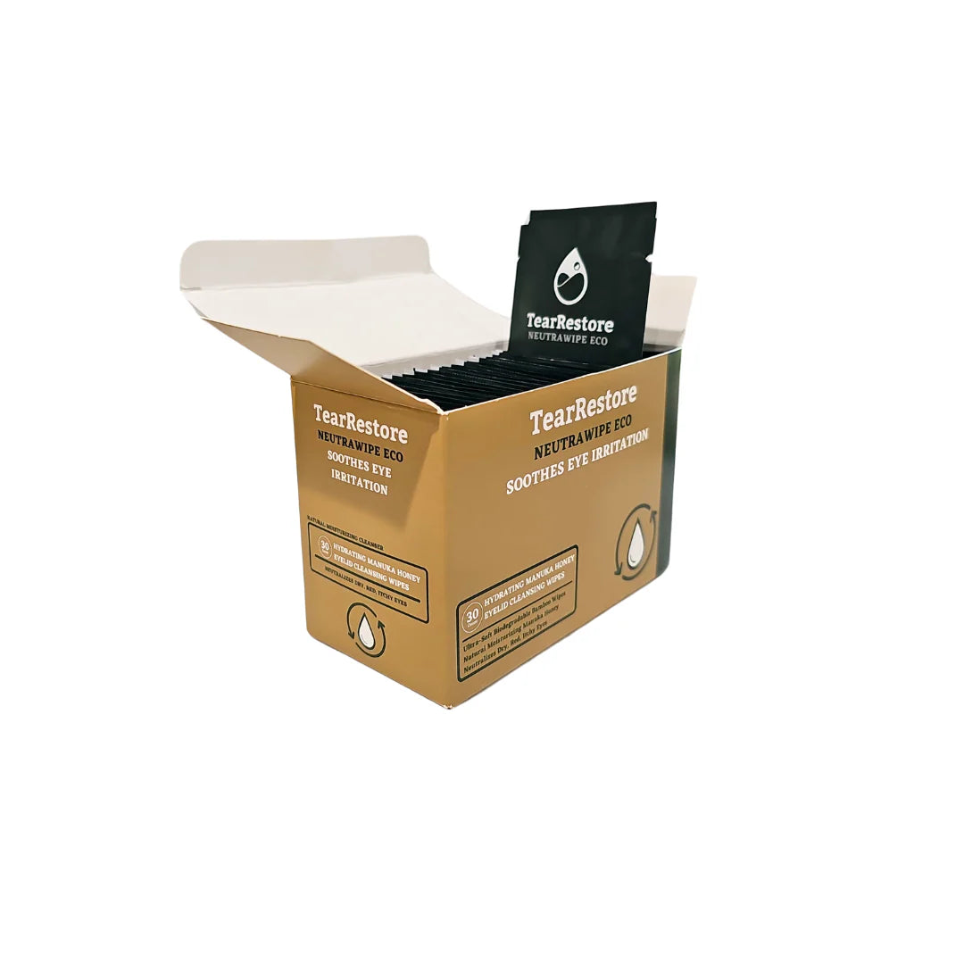 Box of TearRestore NeutraWipe Manuka Honey Eyelid Wipes with a white background