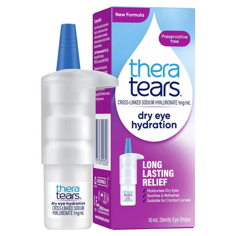 TheraTears Dry Eye Hydration 10ml preservative-free eye drops bottle and box with sodium hyaluronate