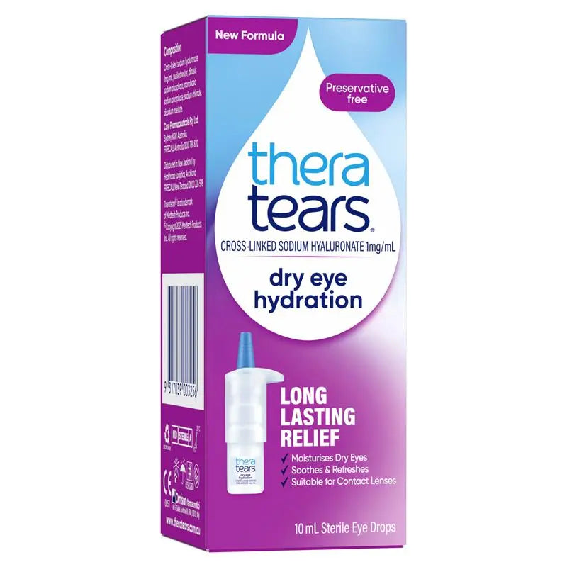 Close-up of TheraTears Dry Eye Hydration eye drops 10ml bottle with dropper tip, contact lens friendly
