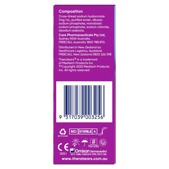 Close-up of TheraTears Dry Eye Hydration eye drops 10ml bottle with dropper tip, contact lens friendly