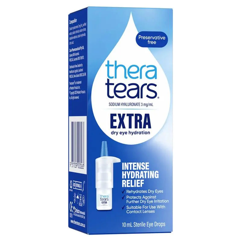 TheraTears Extra Dry Eye Hydration eye drops 10ml bottle with dropper tip, 3mg/mL sodium hyaluronate