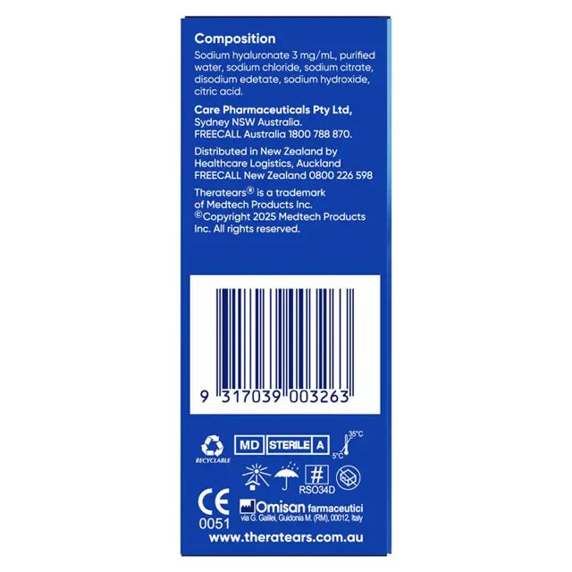 TheraTears Extra Dry Eye Hydration Eye Drops 10ml box back, contact lens friendly