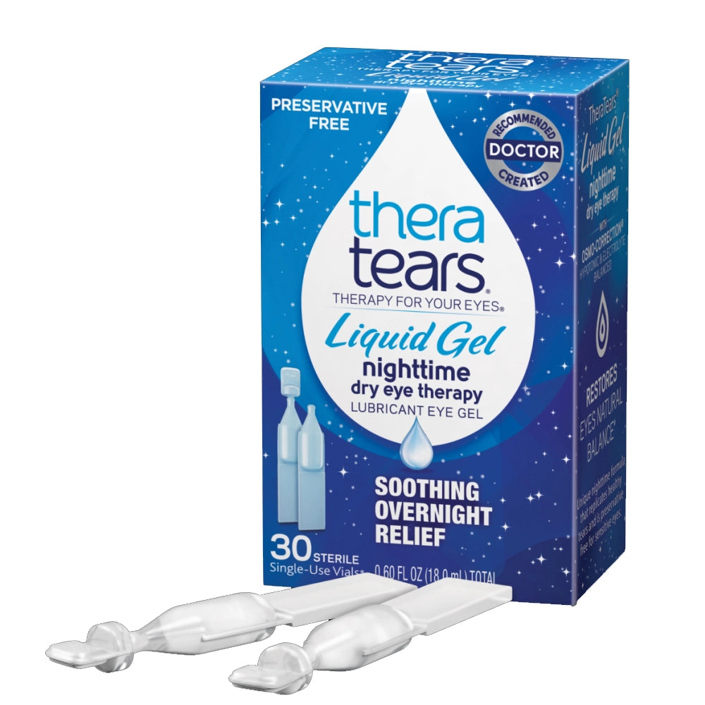 A box and vials of TheraTears Liquid Nightime Dry Eye Therapy Lubricant Eye Gel for soothing overnight relief