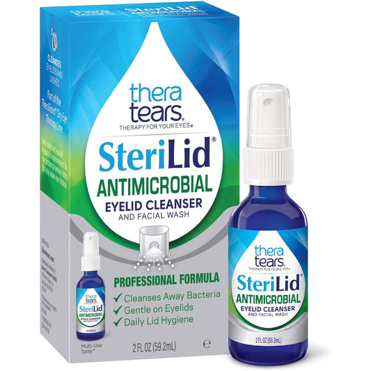 A bottle and box of TheraTears Sterilid Antimicrobial Eyelid Cleanser and Facial Wash. 