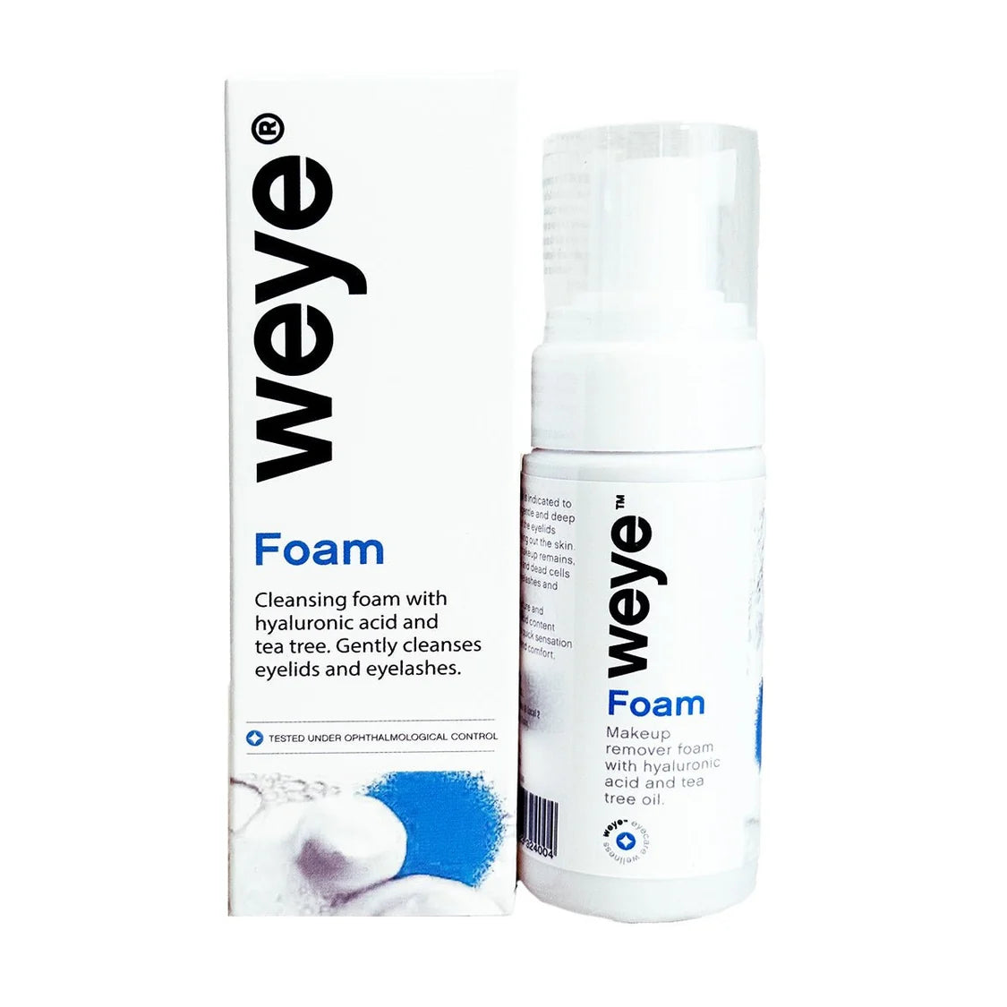 Weye Foam cleansing foam shown as a white pump bottle next to its white retail box, featuring black and blue text on a clean white background.