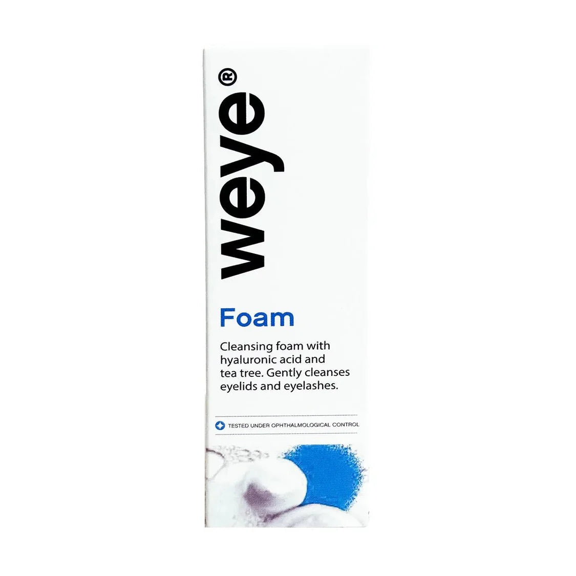 Weye Foam cleansing foam in a tall white rectangular box with black and blue text, photographed on a plain white background.
