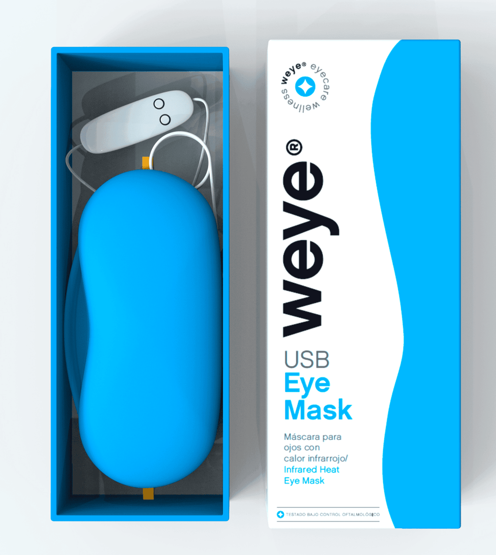 Blue USB eye mask in a blue box with Weye branding on a white background