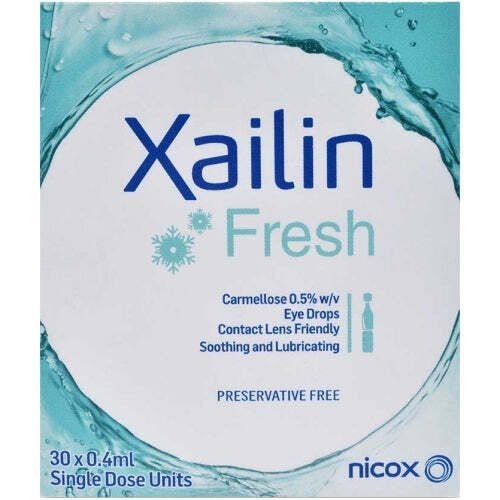 Xailin Fresh eye drops packaging with blue and white design