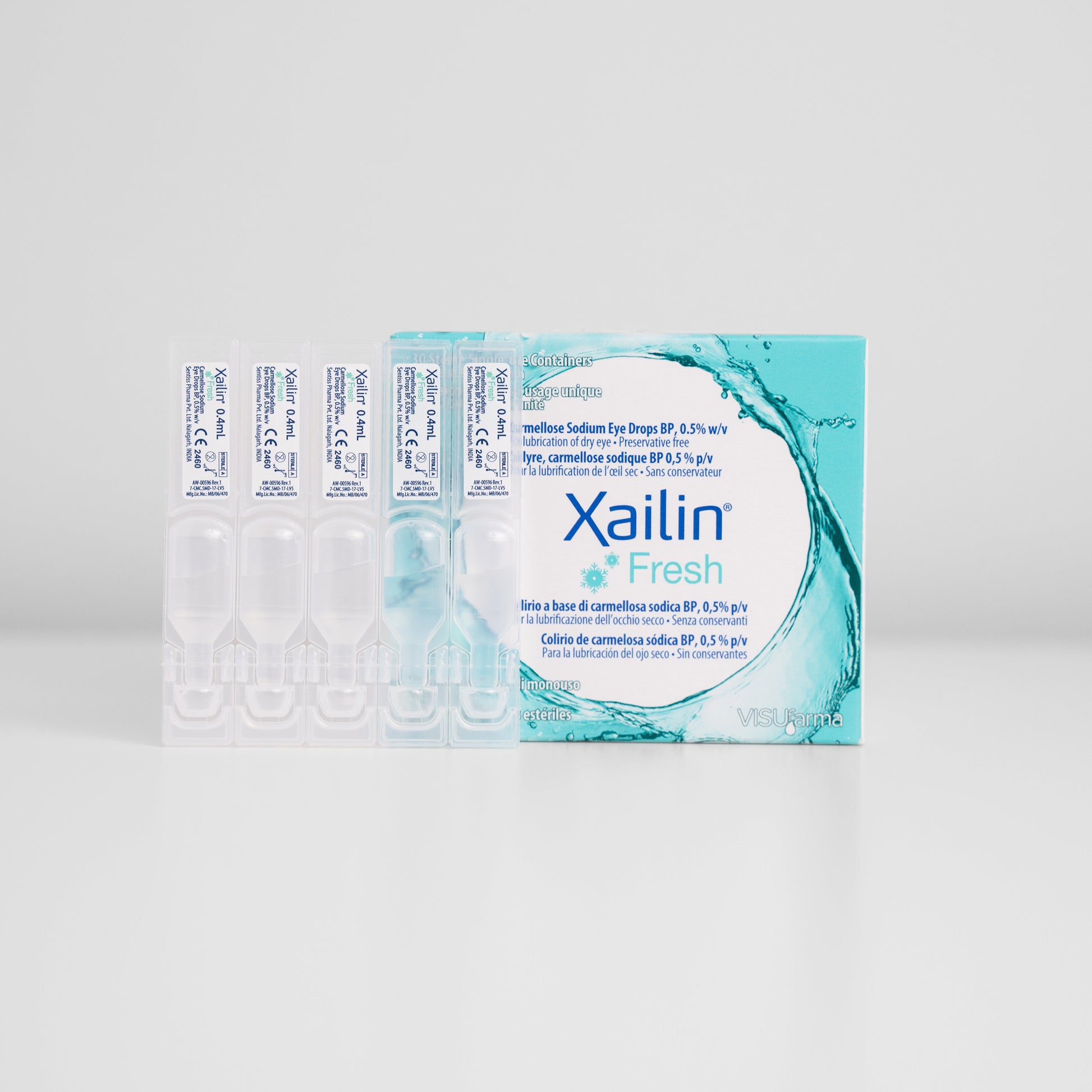 Box and vials of Xailin Fresh single-use eye drops
