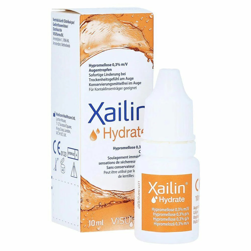 Box and bottle of Xailin Hydrate Eye Drops on a white background.