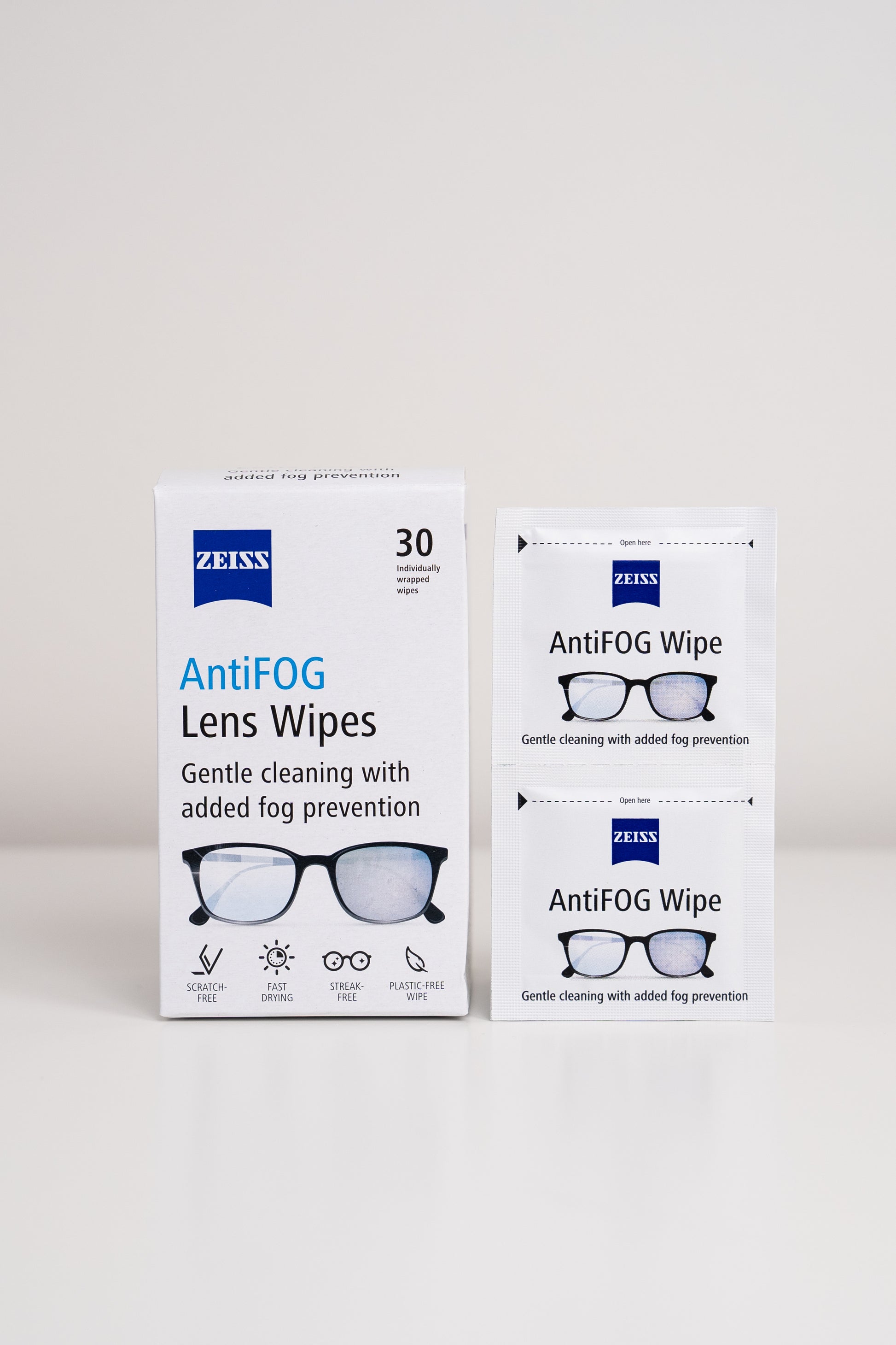 Two boxes of Zeiss AntiFOG Lens Wipes on a light gray background