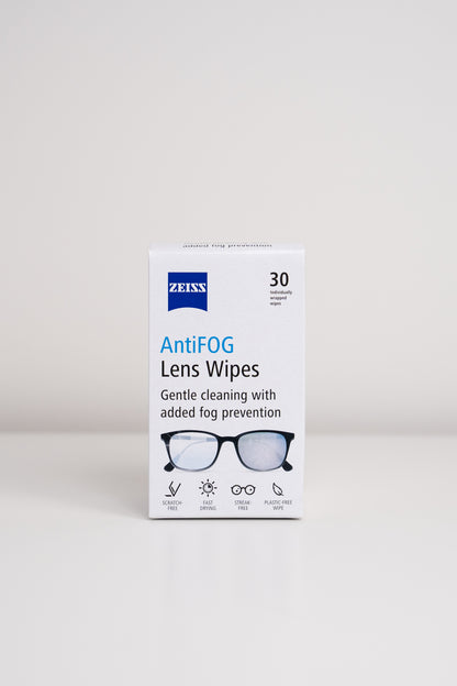 Box of Zeiss AntiFOG Lens Wipes on a white background