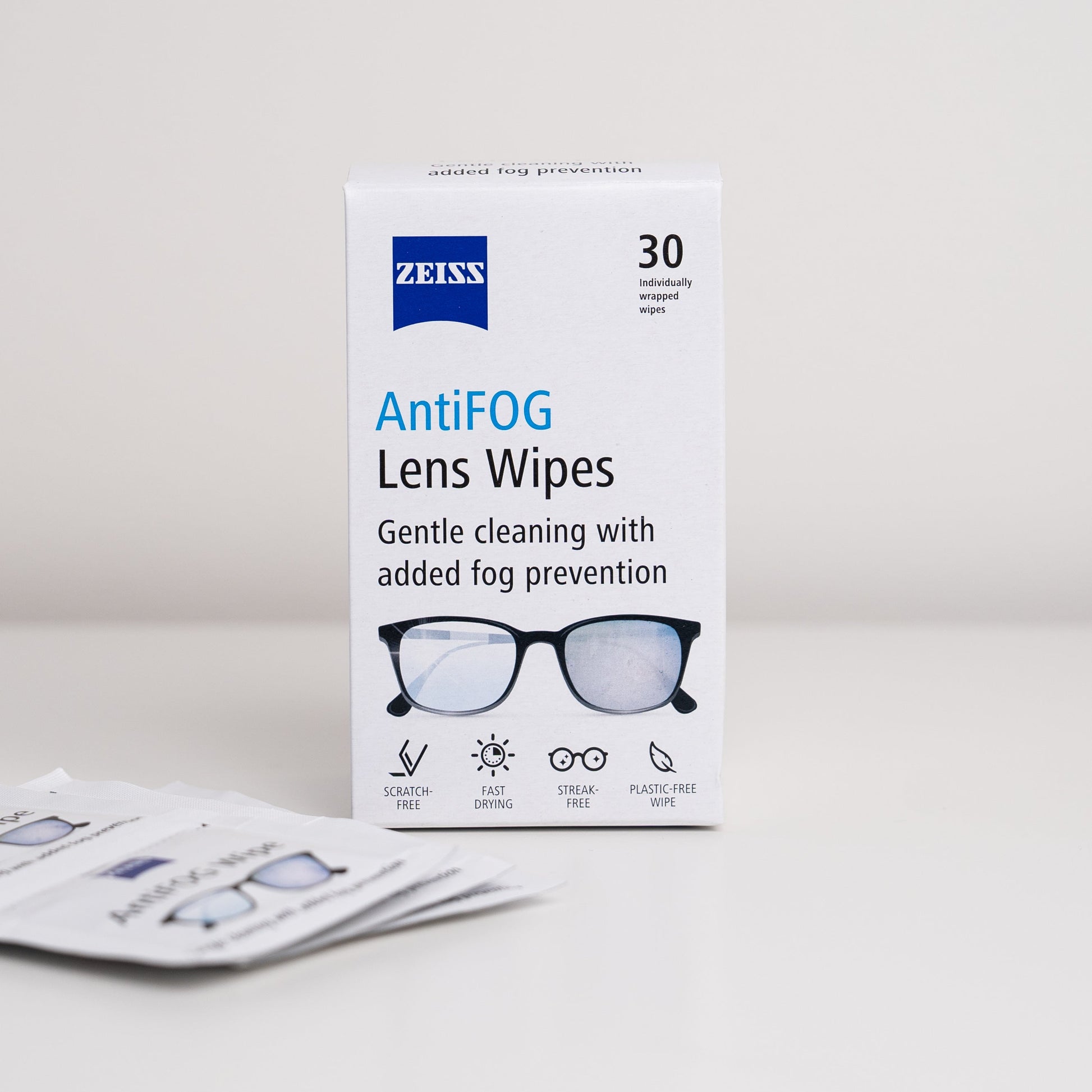 Box of Zeiss AntiFog Lens Wipes on a light gray background