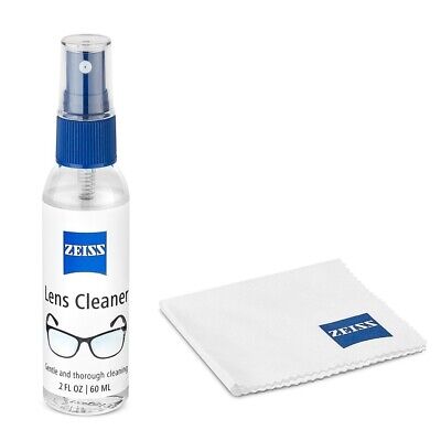 Zeiss lens cleaner spray bottle and cloth for cleaning eyeglasses and camera lenses, on a white background