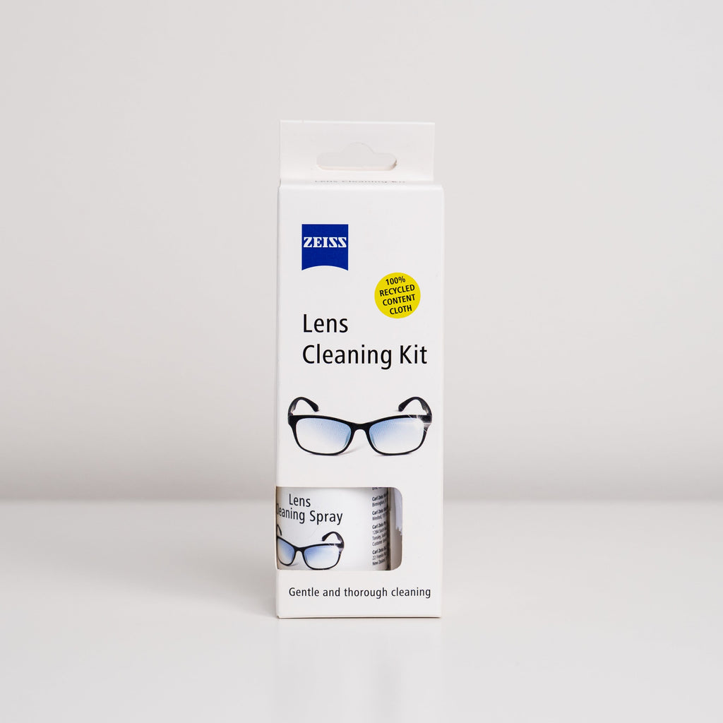 ZEISS lens cleaning kit packaging for cleaning eyeglasses and camera lenses, on a white background