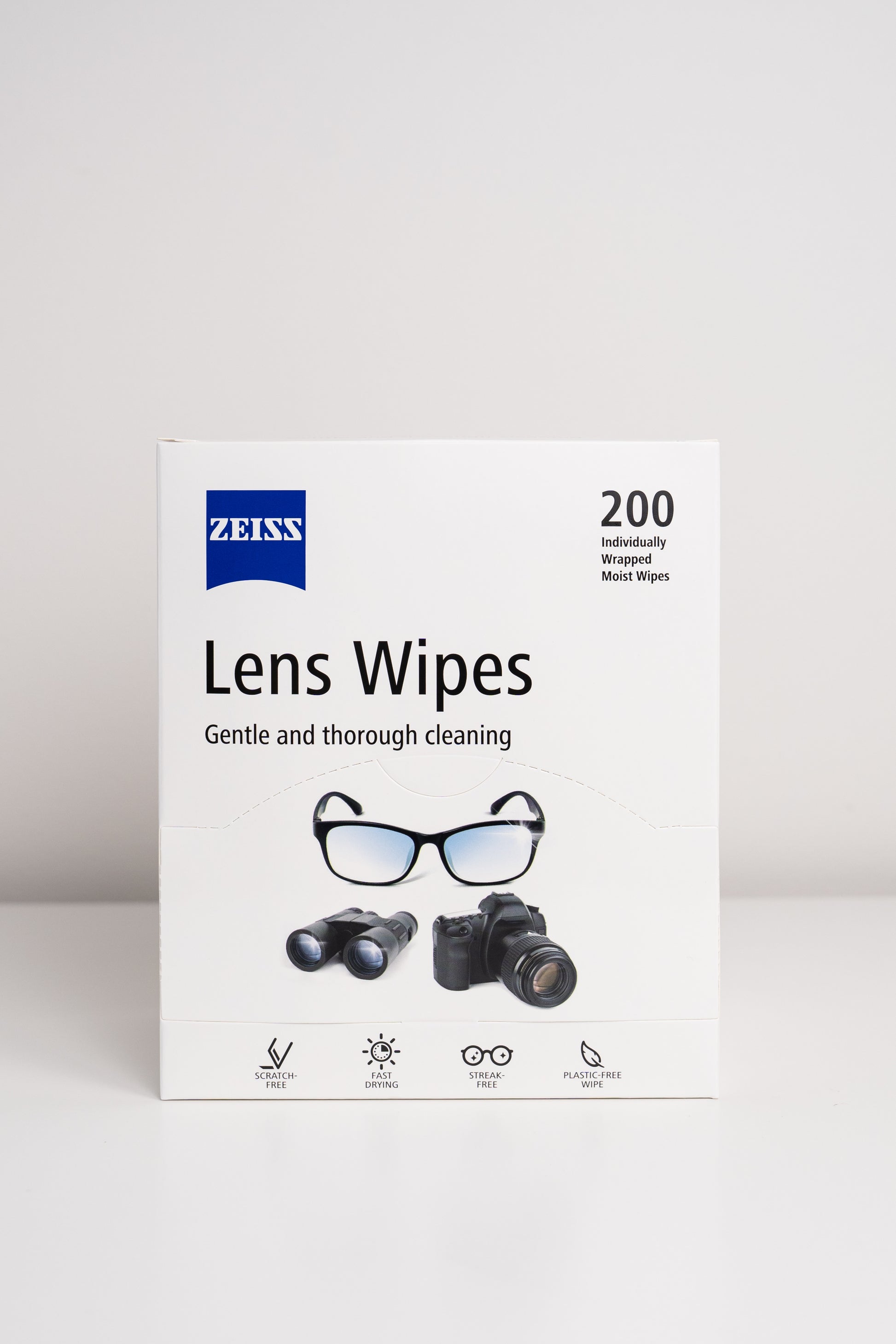 Box of Zeiss lens wipes on a white background