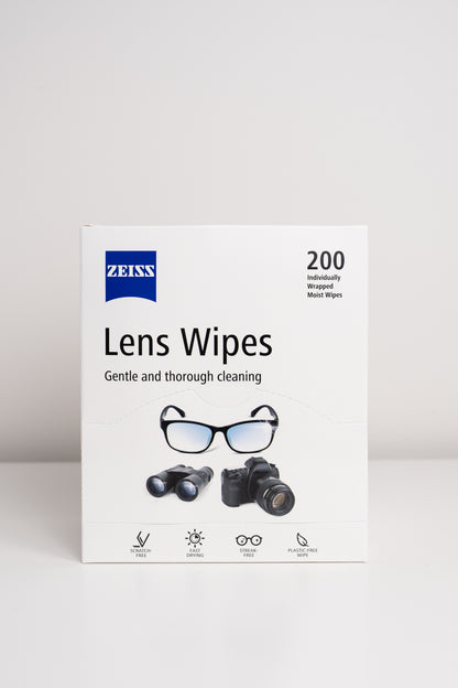 Box of Zeiss lens wipes on a white background