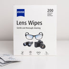 Box of Zeiss lens wipes with illustrations of glasses and cameras on a white background