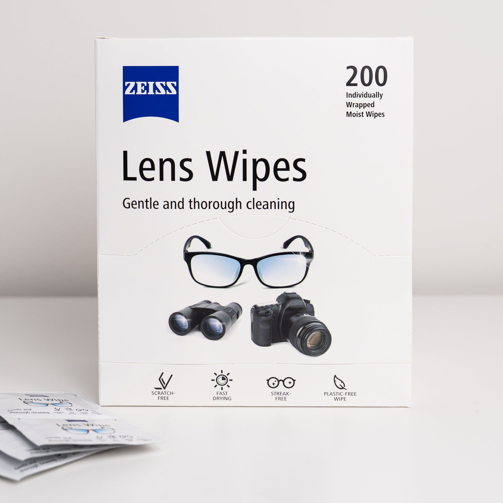 Box of Zeiss lens wipes with illustrations of glasses and cameras on a white background