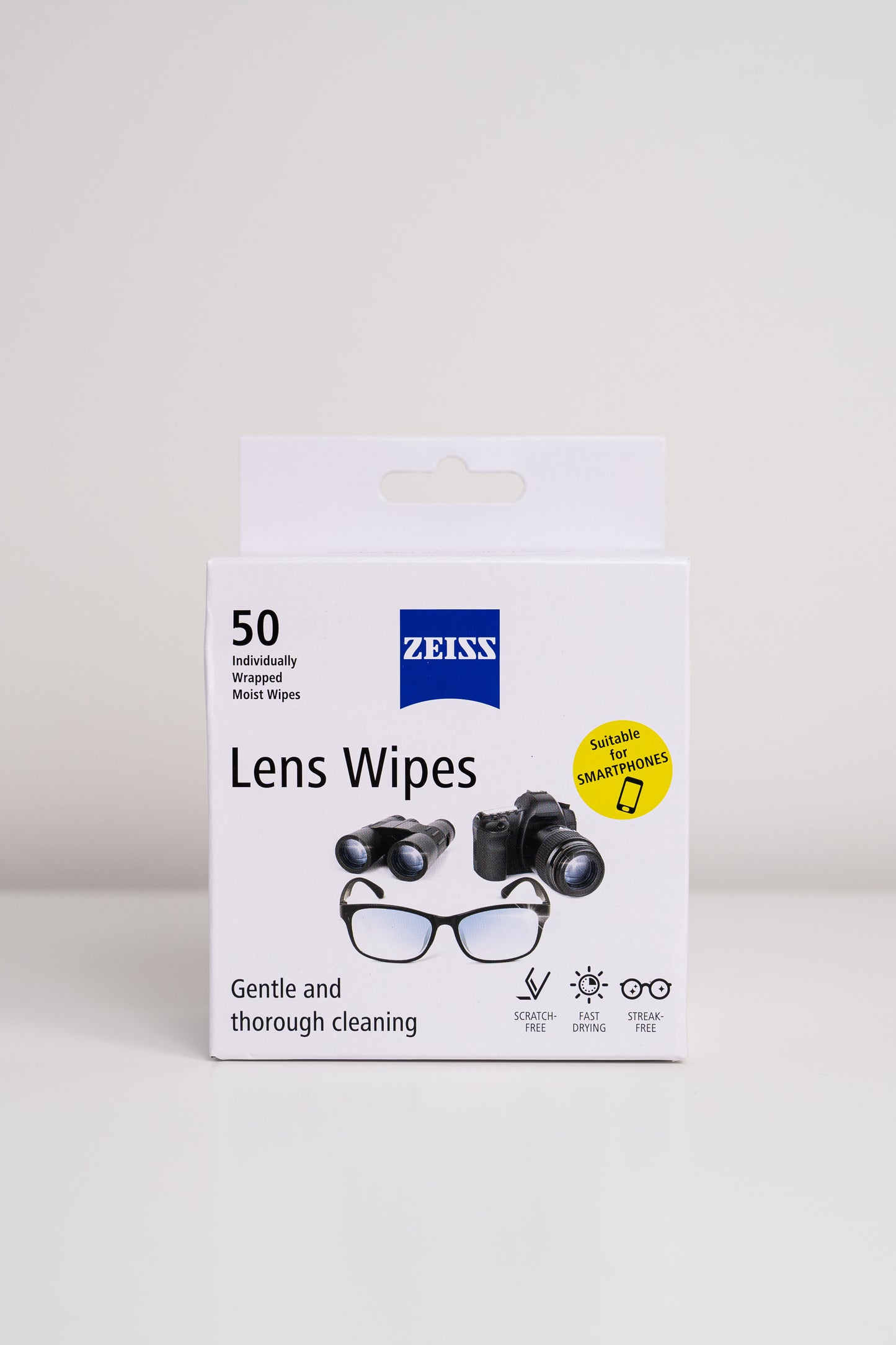 Zeiss lens wipes packaging on a white background